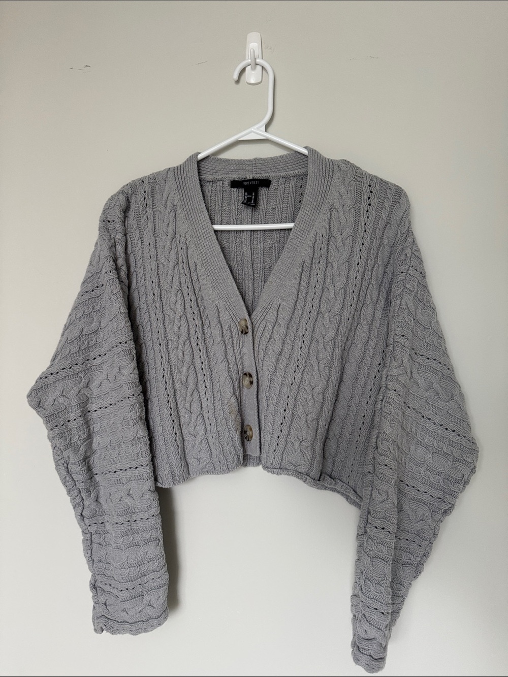 Forever 21 Gray Cropped Cable Knit Button-Front Cardigan